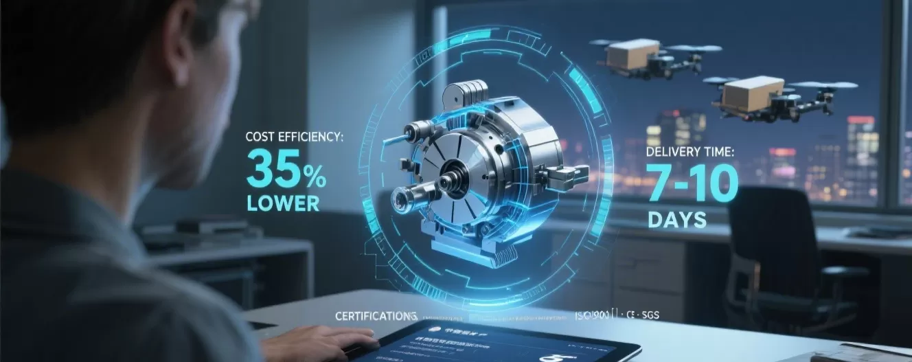 Een futuristische scène toont technologie als een holografisch machine -gedeelte en leveringsdrones, met informatie over kosten en levertijd